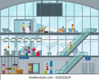 People in airport concept with passengers visiting luggage storage passing customs control and waiting plane boarding vector illustration