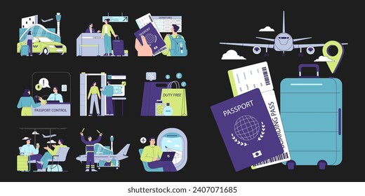 People in the airport dark or night mode set. Characters checking-in on a flight, at the security scanner and passport control. Passenger with baggage. Travel and tourism. Flat vector illustration