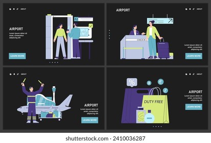 La gente en el aeropuerto en modo oscuro o nocturno web o aterrizaje. Registro de caracteres en un vuelo, en el escáner de seguridad y control de pasaportes. Viajes y turismo. Ilustración vectorial plana