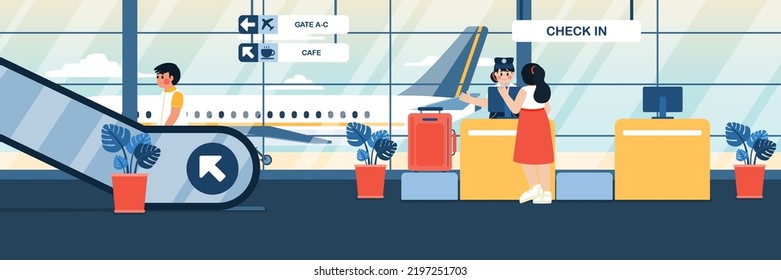 People At Airport Departure Area Queue For Check In And Go To Cafe, Vector, Illustration