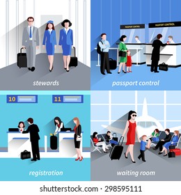 People in airport design concept set with passport control and registration flat icons isolated vector illustration