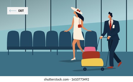People in the airport duty free zone, rest before boarding on the plane. Vector illustration in a flat style