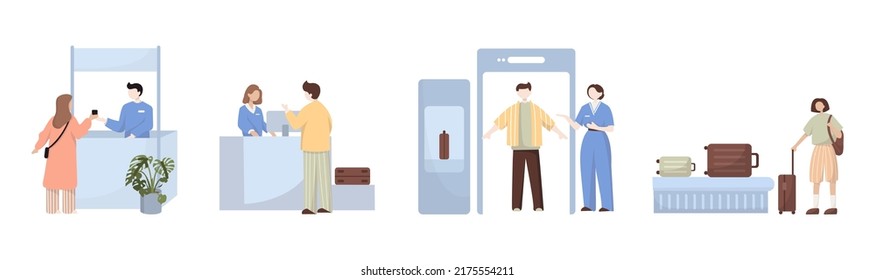 People in airport flat color icons set of pilot stewardess tourists with travel bags at checkpoint and security screening. Passport control, luggage, security, check. Isolated vector illustration