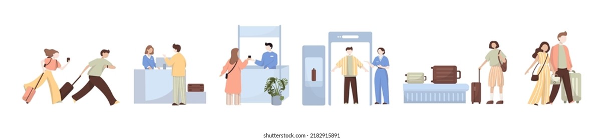 People in airport flat color icons set of pilot stewardess tourists with travel bags at checkpoint and security screening. Passport control, luggage, security, check. Isolated vector illustration