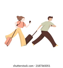 People in airport flat color icons set of pilot stewardess tourists with travel bags at checkpoint and security screening. Passport control, luggage, security, check. Isolated vector illustration