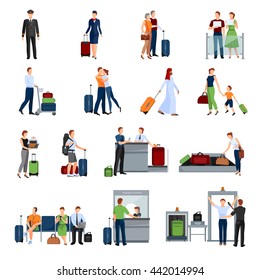 People in airport flat color icons set of pilot stewardess tourists with travel bags at checkpoint and security screening isolated vector illustration 