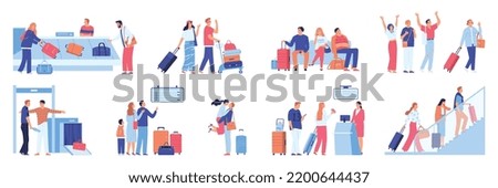 People in airport flat set with human characters departing meeting family waiting going through security isolated vector illustration
