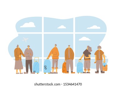 People at the airport. going to travel together. Friends characters standing with their baggage isolated on white background. Vector flat illustartion.