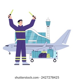 Gente en el aeropuerto. Personal de tierra del aeropuerto. Un marshaller del aeropuerto dirigiendo un avión en la pista, con el equipaje listo para cargar. Operaciones aeroportuarias y personal. Ilustración vectorial plana