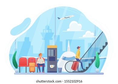 People in airport hall flat vector illustration. Passengers with suitcases cartoon characters. Travelers with baggage waiting for flight in departure lounge. Travel, trip. Vacation, journey
