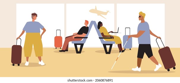 Personas en la sala del aeropuerto. Ilustración de material vectorial plano. Hombres y mujeres, un aeropuerto multicultural inclusivo. Persona discapacitada con vuelo esperando. Gente en la sala de espera. Gráficos vectoriales