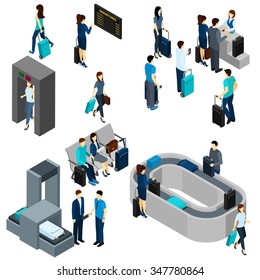 People In Airport Lounge And On Security Check Isometric Vector Illustration