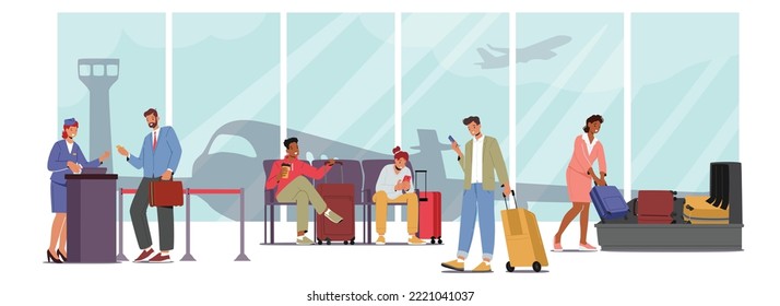 People in Airport, Male and Female Characters Scanning Luggage, Pass Registration and Waiting in Terminal with Large Window and Airplane. Aircraft Transportation Service. Cartoon Vector Illustration