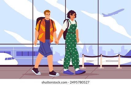 Personas en el aeropuerto. Hombre y mujer con mochilas caminan y se toman de las manos. Turistas y viajeros esperando el vuelo. Festiva y vacaciones. Turismo y viajes. Ilustración vectorial plana