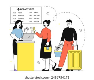 People in airport. Man and woman with suitcase near reception at airport. Travelers and tourists in queue. Flight, travel and trip. Linear vector illustration isolated on white background