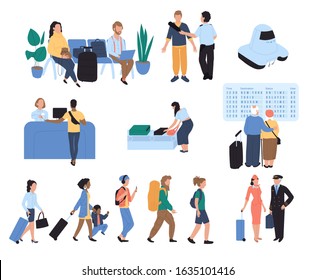 People in airport, passengers cartoon characters vector illustration. International travel, airport security infrastructure. Airline flight passengers, men and women tourists with baggage in queue