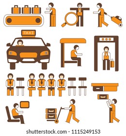 people in airport and public situations, icons, orange color theme
