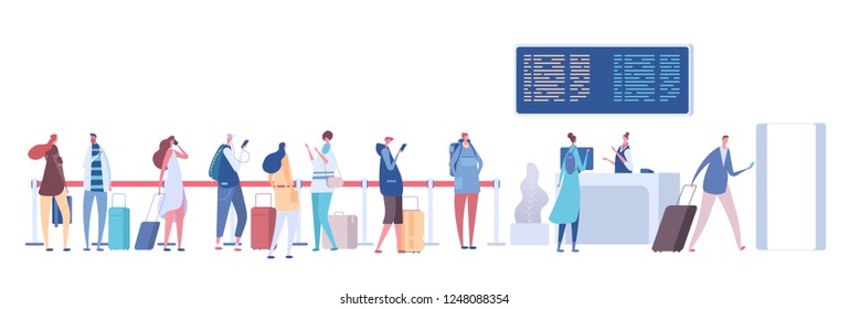 Gente en cola del aeropuerto. Equipaje de pasajeros en línea, registro en terminal. Concepto de vector de salida de llegada al aeropuerto