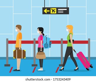 People at the airport with security distance. Covid-19 Prevention