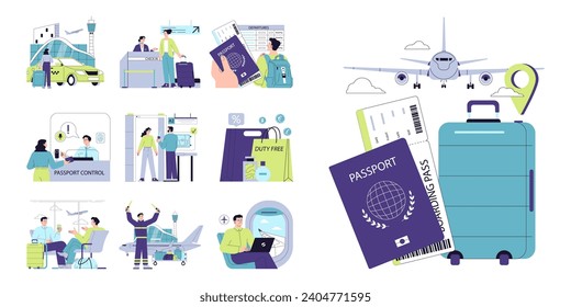 People in the airport set. Characters with a suitcase checking-in on a flight, at the security scanner and passport control. Passenger with baggage. Travel and tourism. Flat vector illustration