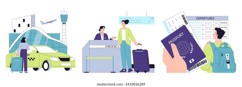 People in the airport set. Characters with a suitcase checking-in on a flight, at the security scanner and passport control. Passenger with baggage. Travel and tourism. Flat vector illustration