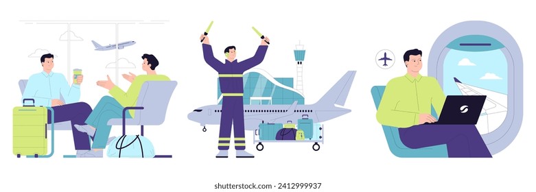 People in the airport set. Characters with a suitcase checking-in on a flight, at the security scanner and passport control. Passenger with baggage. Travel and tourism. Flat vector illustration