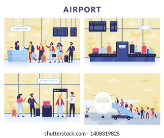 People in the airport set. Idea of travel and tourism. Woman at the scanner, suitcase on the line. Passenger with baggage. Boarding on plane. Isolated vector illustration in cartoon style