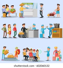 People in airport set with tourists passengers and staff in different situations isolated vector illustration