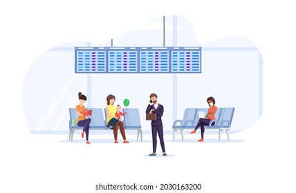 People at airport terminal during coronavirus pandemic. Passengers tourists with luggage look at departure board, delay to flying departure at airport interior. Travel, vacation cartoon vector