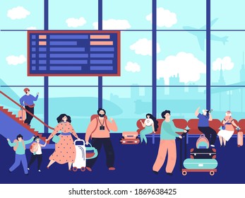 People in airport terminal. Family journey, waiting lounge or arrival hall. Traveller with suitcase, walking decent tourists vector concept