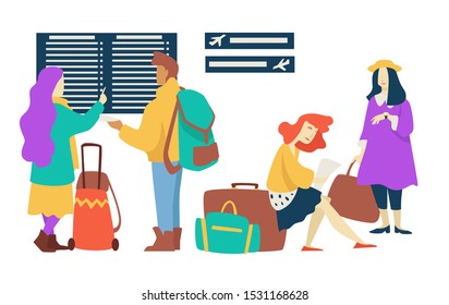 People at airport terminal and flight delay. Passengers sit with luggage in waiting room. Travellers look at departure tableau updates, check take off time. Vector illustration on white background.