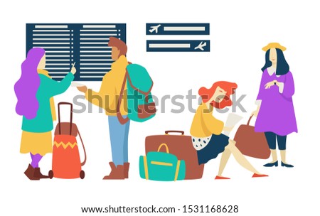 People at airport terminal and flight delay. Passengers sit with luggage in waiting room. Travellers look at departure tableau updates, check take off time. Vector illustration on white background.