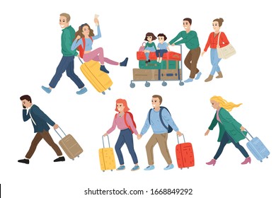 People in airport terminal. Tourism and business flight. Families with kids and couples going on summer vacation. Woman and man with luggage. Isolated on white background. Vector cartoon illustration