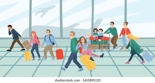 People in airport terminal. Travel concept. Families with kids and couples going on summer vacation. Woman and man with luggage. Flat design. Vector cartoon illustration