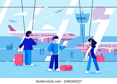People at airport terminal vector illustration. Men and women traveler waiting of departure AP flat style design. Waiting room interior. Aircraft travelling concept