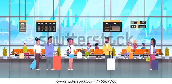 待合室や出発ラウンジターミナルの空港旅行者の手荷物インテリアフラットベクターイラスト のベクター画像素材 ロイヤリティフリー