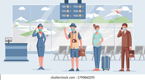 People in airport vector flat illustration. Airport worker in face mask and uniform welcoming passengers. Woman and men in protective masks keep social distance after coronavirus outbreak.