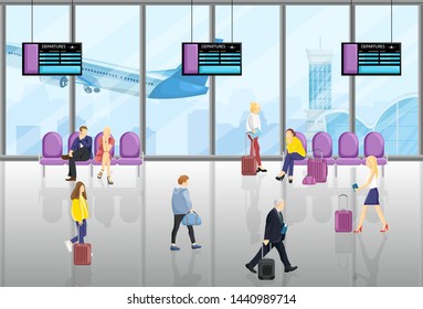 People in the airport Vector flat style. Tourist walking or sitting in the chairs. Time table screens on background