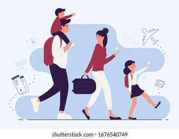 People in airport vector illustration. Parents with luggage and children, smiling adults and kids, tourists flat characters. Travelling, journey, family trip, vacation, rest flight