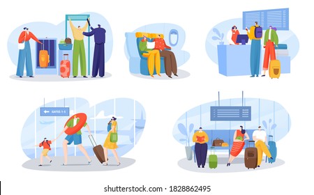 People in airport vector illustration set. Cartoon flat man woman traveller characters with luggage waiting in lounge, family tourists walking, passengers sitting in airplane cabin isolated on white