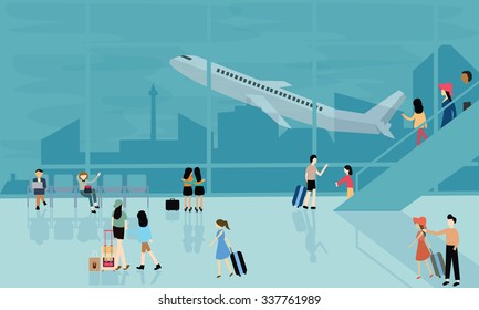 people at airport vector travel activities illustration  departure arrival  flight plane