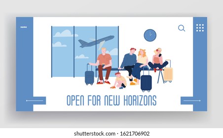 People in Airport Waiting Boarding Website Landing Page. Travelers with Suitcases Sitting in Terminal with Flying Airplane on Background. Travelling Web Page Banner. Cartoon Flat Vector Illustration