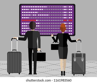 People at airport waiting and looking at departures board. Vector illustration flat design. 