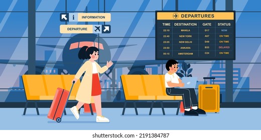 Gente En El Aeropuerto Esperando Y Trabajando En La Sala De Espera, La Gente Va A Verificar Por Vuelo, Vector, Ilustración