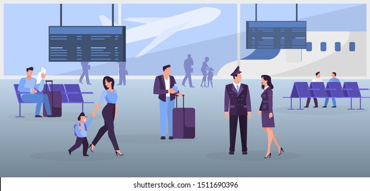 People in the airport web banner concept. Idea of travel and vacation. Plane arrival. Isolated flat vector illustration
