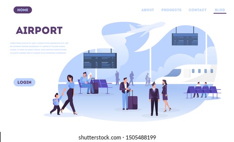 People in the airport web banner design concept. Idea of travel and vacation. Plane arrival. Isolated flat vector illustration