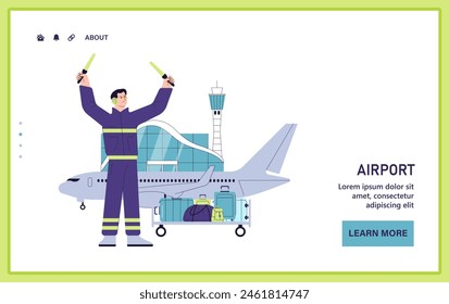 People in the airport web or landing. Airport ground staff. An airport marshaller directing an airplane on the tarmac, with luggage ready for loading. Airport personnel. Flat vector illustration