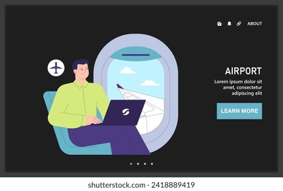 People in the airport web or landing. Traveling character working on a laptop during a flight. Business journey, workation trip. Passenger waiting for a takeoff. Flat vector illustration