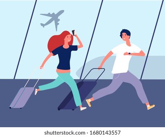 People in airport. Young couple run to airplane. Man woman with suitcases. Family vacations or summer rest vector illustration