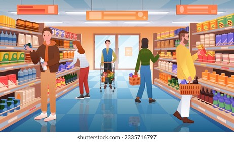 People in aisle of supermarket or grocery store vector illustration. Cartoon man and woman consumers with trolley and baskets standing at shelves to choose food products, buyers characters read labels